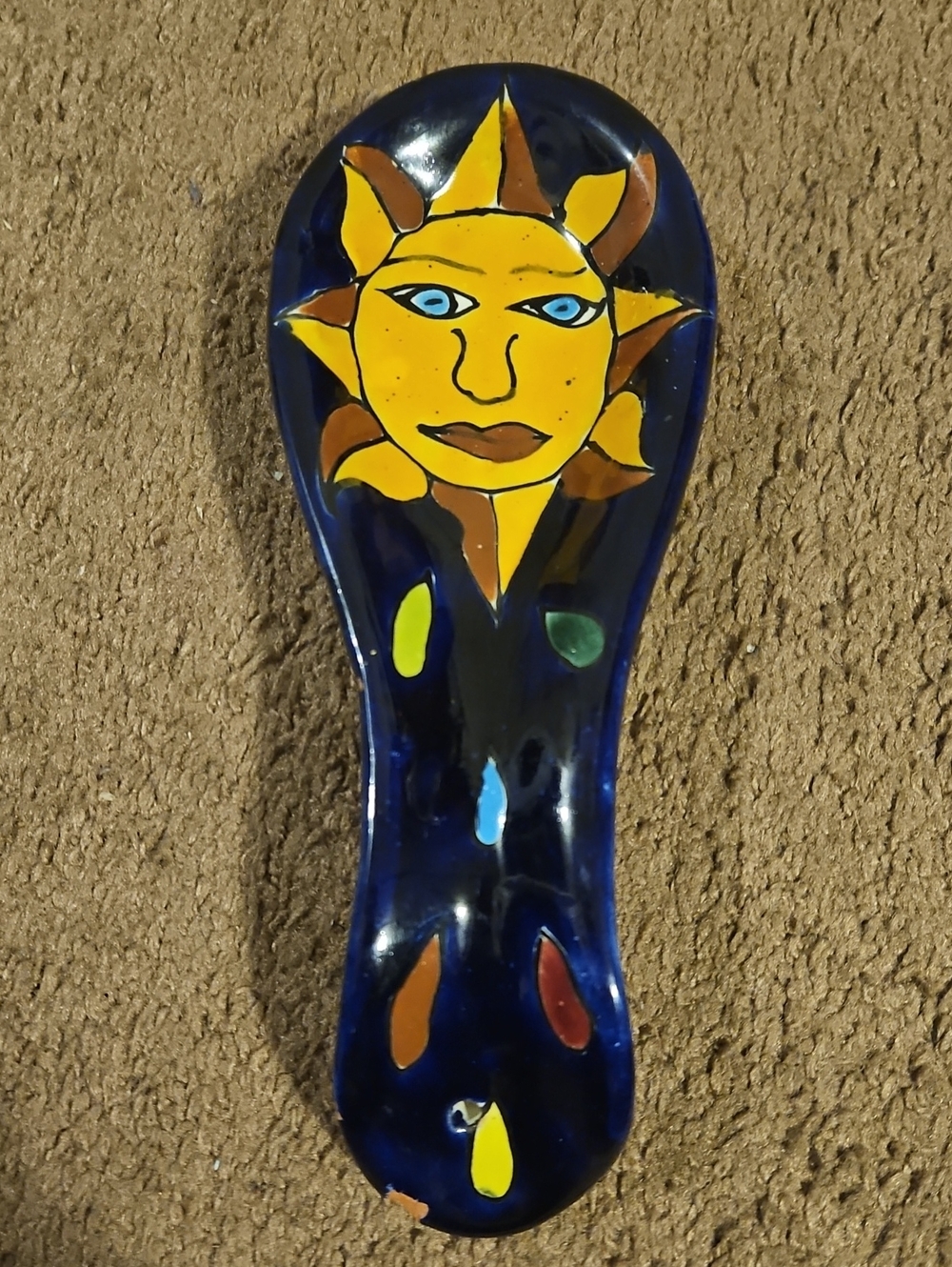 Handmade Painted Blue Ceramic Spoon Rest with Sun Motif